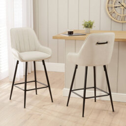 The Furniture Market Cooper Natural Linen Kitchen Counter Bar Stool With Black Metal Legs Flute Back Design, Decorative Handle & Adjustable Foot Pads - thumbnail 3