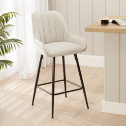 The Furniture Market Cooper Natural Linen Kitchen Counter Bar Stool With Black Metal Legs Flute Back Design, Decorative Handle & Adjustable Foot Pads