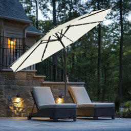 Rinse Bathrooms Cream Garden Parasol With Solar Powered Lights With Tilt And Crank Handle Outdoor Patio Umbrella Mechanism 2.7M