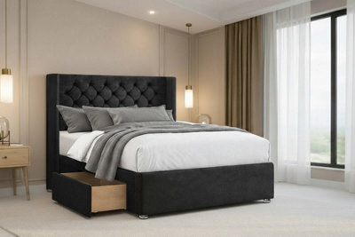 "Nexus Windsor Plush Divan, Black, 54"" Winged Hb, 2 Drawers Foot-End, Open Coil Mattress, Super King" - image 1