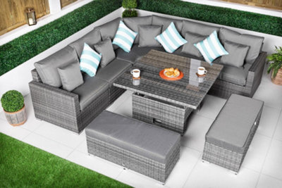 Giardino Santorini 5 Seat Modular Corner Sofa Rattan Garden Furniture Set Outdoor Height Adjustable Coffee Table + 2 X Benches - Grey