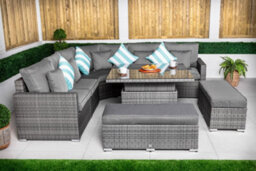 Giardino Santorini 5 Seat Modular Corner Sofa Rattan Garden Furniture Set Outdoor Height Adjustable Coffee Table + 2 X Benches - Grey - thumbnail 2