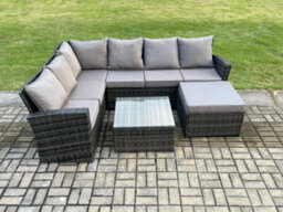 Fimous Rattan Garden Furniture Set Outdoor Lounge Corner Sofa Set With Square Coffee Table Big Footstool 7 Seater Dark Grey Mixed - thumbnail 2