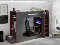 Grey And Red Gaming High Sleeper Bed With Desk Wardrobe And Storage Single 3Ft - thumbnail 4