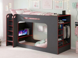 Grey And Red Gaming High Sleeper Bed With Desk Wardrobe And Storage Single 3Ft - thumbnail 3