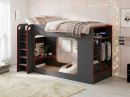 Grey And Red Gaming High Sleeper Bed With Desk Wardrobe And Storage Single 3Ft - thumbnail 5