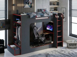 Grey And Red Gaming High Sleeper Bed With Desk Wardrobe And Storage Single 3Ft - thumbnail 2