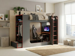 Grey And Red Gaming High Sleeper Bed With Desk Wardrobe And Storage Single 3Ft - thumbnail 1