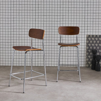 Sweeek - Set Of 2 Vintage Plywood Bar Stools With Walnut Effect Wood Veneer And Chrome Metal Legs L 42.5 X D 50 X H 94Cm - Toby - image 1
