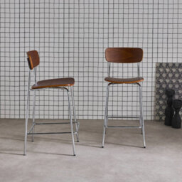 Sweeek - Set Of 2 Vintage Plywood Bar Stools With Walnut Effect Wood Veneer And Chrome Metal Legs L 42.5 X D 50 X H 94Cm - Toby - thumbnail 4