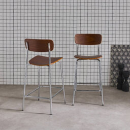 Sweeek - Set Of 2 Vintage Plywood Bar Stools With Walnut Effect Wood Veneer And Chrome Metal Legs L 42.5 X D 50 X H 94Cm - Toby - thumbnail 5
