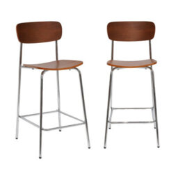 Sweeek - Set Of 2 Vintage Plywood Bar Stools With Walnut Effect Wood Veneer And Chrome Metal Legs L 42.5 X D 50 X H 94Cm - Toby - thumbnail 2