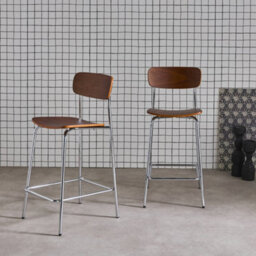 Sweeek - Set Of 2 Vintage Plywood Bar Stools With Walnut Effect Wood Veneer And Chrome Metal Legs L 42.5 X D 50 X H 94Cm - Toby - thumbnail 3