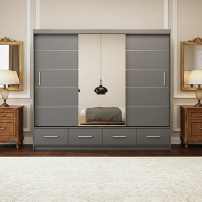 Florence 250 Sliding Wardrobe With Full Length Mirror Modern Freestanding Wardrobe For Home Gray With Mirror - image 1