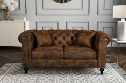 Chesterfield Sofa With Wooden Feet In Faux Leather Suede Brown Fabric 2 Seater Sofa