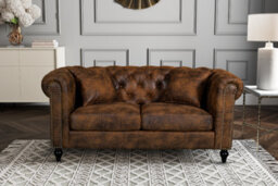 Chesterfield Sofa With Wooden Feet In Faux Leather Suede Brown Fabric 2 Seater Sofa - thumbnail 2