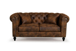 Chesterfield Sofa With Wooden Feet In Faux Leather Suede Brown Fabric 2 Seater Sofa - thumbnail 3