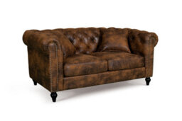 Chesterfield Sofa With Wooden Feet In Faux Leather Suede Brown Fabric 2 Seater Sofa - thumbnail 4