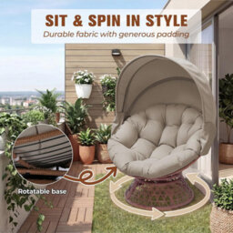 Comhoma Outdoor Papasan Chair With Canopy, Wicker Rattan Egg Moon Chair With Cushion, Patio Lounge Chair For Garden, Brown - thumbnail 5