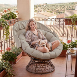 Comhoma Outdoor Papasan Chair With Canopy, Wicker Rattan Egg Moon Chair With Cushion, Patio Lounge Chair For Garden, Brown