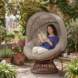 Comhoma Outdoor Papasan Chair With Canopy, Wicker Rattan Egg Moon Chair With Cushion, Patio Lounge Chair For Garden, Brown - thumbnail 3