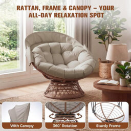 Comhoma Outdoor Papasan Chair With Canopy, Wicker Rattan Egg Moon Chair With Cushion, Patio Lounge Chair For Garden, Brown - thumbnail 8