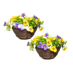 Primrose Pair Of Artificial Pansy Flowers Rattan Hanging Basket Decoration Yellow Purple & White 25Cm - thumbnail 1