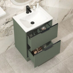 Royal Bathrooms Evora 600mm Sage Green Fluted Floor Standing Bathroom Vanity Unit 2 Drawer Cabinet Storage With Stone Basin & Matt Black Handles - thumbnail 3