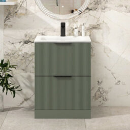 Royal Bathrooms Evora 600mm Sage Green Fluted Floor Standing Bathroom Vanity Unit 2 Drawer Cabinet Storage With Stone Basin & Matt Black Handles