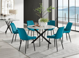 Furniturebox Uk Novara White Marble Black Leg 120Cm Round Dining Table & 6 Blue Pesaro Black Leg Chairs