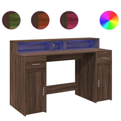 Berkfield Durable Desk With Led Lights Brown Oak 140X55X91 Cm Engineered Wood