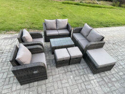 Fimous 9 Seater Rattan Garden Furniture Set Patio Outdoor Lounge Sofa Set With Rectangular Coffee Table 3 Footstools Love Sofa - thumbnail 1