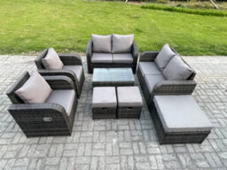 Fimous 9 Seater Rattan Garden Furniture Set Patio Outdoor Lounge Sofa Set With Rectangular Coffee Table 3 Footstools Love Sofa - thumbnail 2
