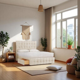 "Knight Sleep Munic Cream Plush 4Ft6 Bed Set With Mattress, 2 Drawers Same Side & 24""headboard - Double"