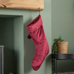 Samuel Alexander 70Cm Hanging Burgundy Velour Star Print Christmas Stocking With Pom Poms - thumbnail 7