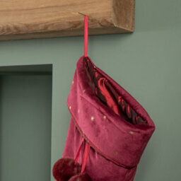 Samuel Alexander 70Cm Hanging Burgundy Velour Star Print Christmas Stocking With Pom Poms - thumbnail 3