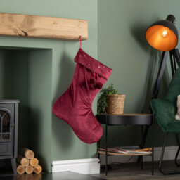 Samuel Alexander 70Cm Hanging Burgundy Velour Star Print Christmas Stocking With Pom Poms - thumbnail 2