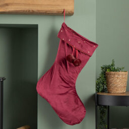 Samuel Alexander 70Cm Hanging Burgundy Velour Star Print Christmas Stocking With Pom Poms - thumbnail 9