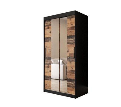 Arte Tilburg 1 Contemporary 2 Mirrored Sliding Door Wardrobe 5 Shelves 2 Rails Dark Oak Effect & Black (H)2000mm (W)1000mm (D)620mm - image 1