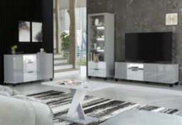 Furneo Living Room Set Tv Stand Display Cabinet Sideboard Coffee Table Grey White High Gloss Matt White Led Lights Enzo 2/14/16/18 - thumbnail 1