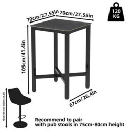 Fativo L70 X W70 X H105 Cm Tall Sintered Stone Square Bar Table Kitchen Dining Table Cocktail Hour Social Gathering, Black - thumbnail 2