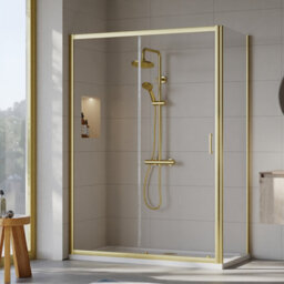 Balterley Ruwa 6mm Toughened Safety Glass Sliding Shower Door, Side Panel And Shower Tray - 1400 X 700 X 1900mm - Brushed Brass/white - thumbnail 2
