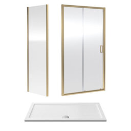 Balterley Ruwa 6mm Toughened Safety Glass Sliding Shower Door, Side Panel And Shower Tray - 1400 X 700 X 1900mm - Brushed Brass/white - thumbnail 1
