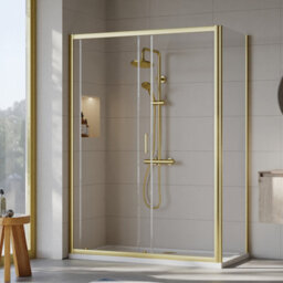 Balterley Ruwa 6mm Toughened Safety Glass Sliding Shower Door, Side Panel And Shower Tray - 1400 X 700 X 1900mm - Brushed Brass/white - thumbnail 3