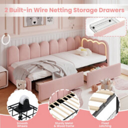 Modernluxe 3Ft Single Daybed, 90 X190Cm, With Smart Rgb Led Lights And Drawers, Reversible Side Panel, Velvet, Pink - thumbnail 8