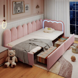Modernluxe 3Ft Single Daybed, 90 X190Cm, With Smart Rgb Led Lights And Drawers, Reversible Side Panel, Velvet, Pink - thumbnail 2