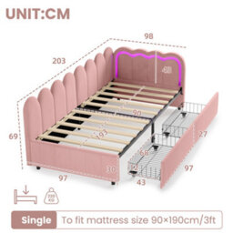 Modernluxe 3Ft Single Daybed, 90 X190Cm, With Smart Rgb Led Lights And Drawers, Reversible Side Panel, Velvet, Pink - thumbnail 4