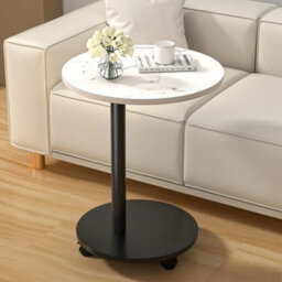 2 Tier Compact Sofa Side End Table Coffee Laptop Tables Living Room W/ Wheels  White Marble - thumbnail 1