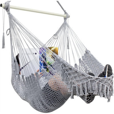 Light Grey Hammock Chair,mesh Swing Chair, Cotton Rope Handwoven Chair With Collapsible Met - image 1