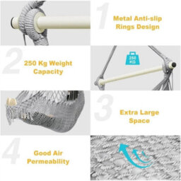 Light Grey Hammock Chair,mesh Swing Chair, Cotton Rope Handwoven Chair With Collapsible Met - thumbnail 4